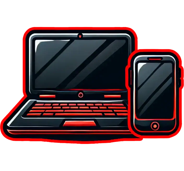 Stylizowana ilustracja czarnego laptopa i smartfona z czerwonymi akcentami, oba pokazujące puste, odblaskowe ekrany, ustawione na żywym czerwonym tle. Stworzona w odważnym, kreskówkowym stylu przez Pixel Studio dla strony i sklepy www.