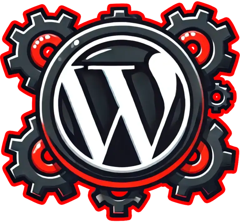 Logo WordPress, odważne białe "W" w czarnym okręgu, jest wyśrodkowane nad czterema zazębiającymi się czarnymi kołami zębatymi z czerwonymi akcentami na jaskrawoczerwonym tle, symbolizując technologię, inżynierię i dynamiczny rozwój strony internetowej za pomocą kultowego logo.
