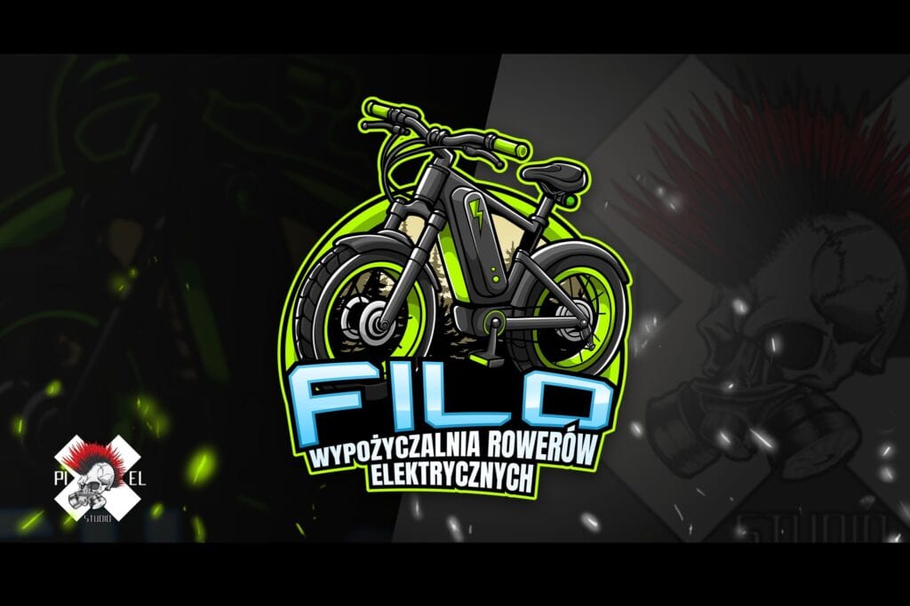 mascot logo filo wypozyczalnia rowerow elektrycznych zielono czarny rower zielona tarcza pixel studio graficzne chrzanow reklama x
