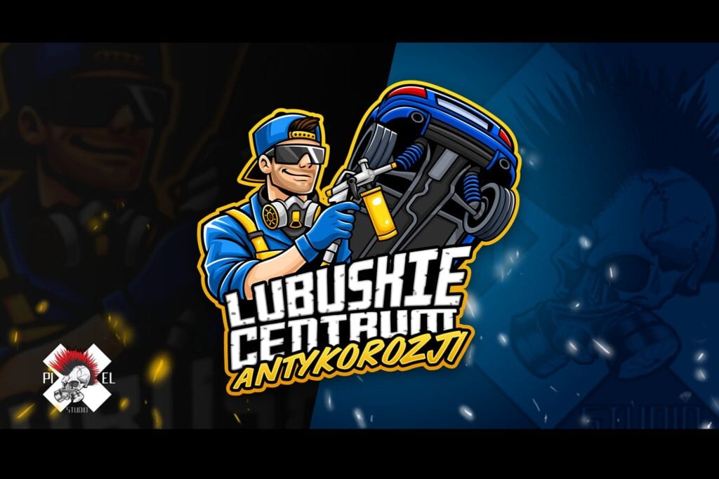 mascot logo lubuskie centrum antykorozji mezczyzna w czapce w niebieskim stroju podwozie samochodu pixel studio graficzne chrzanow reklama x