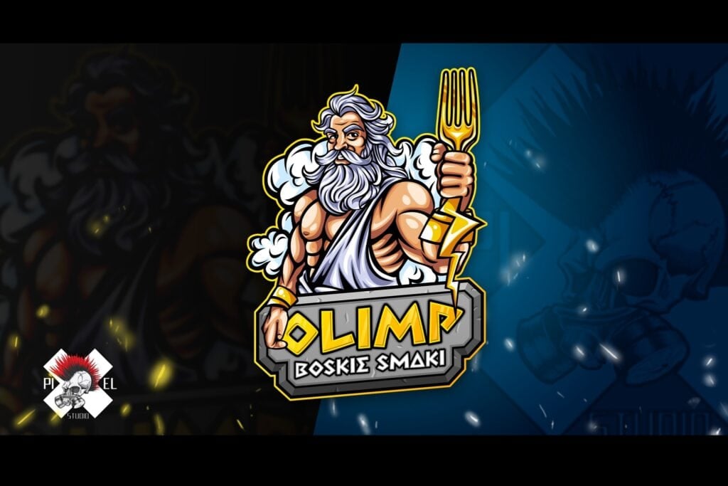 mascot logo olimp boskie smaki bog zeus z zlotym widelcek a jego koncowka jest w ksztalcie pioruna w tle chmury pixel studio graficzne chrzanow reklama x