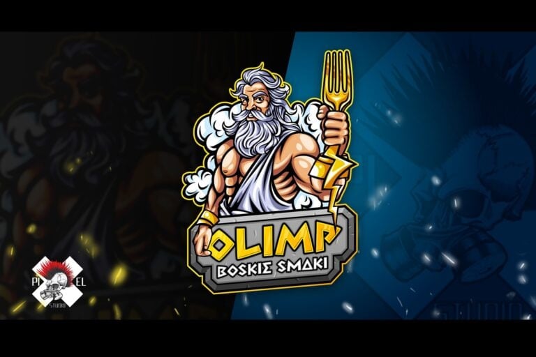 mascot logo olimp boskie smaki bog zeus z zlotym widelcek a jego koncowka jest w ksztalcie pioruna w tle chmury pixel studio graficzne chrzanow reklama x