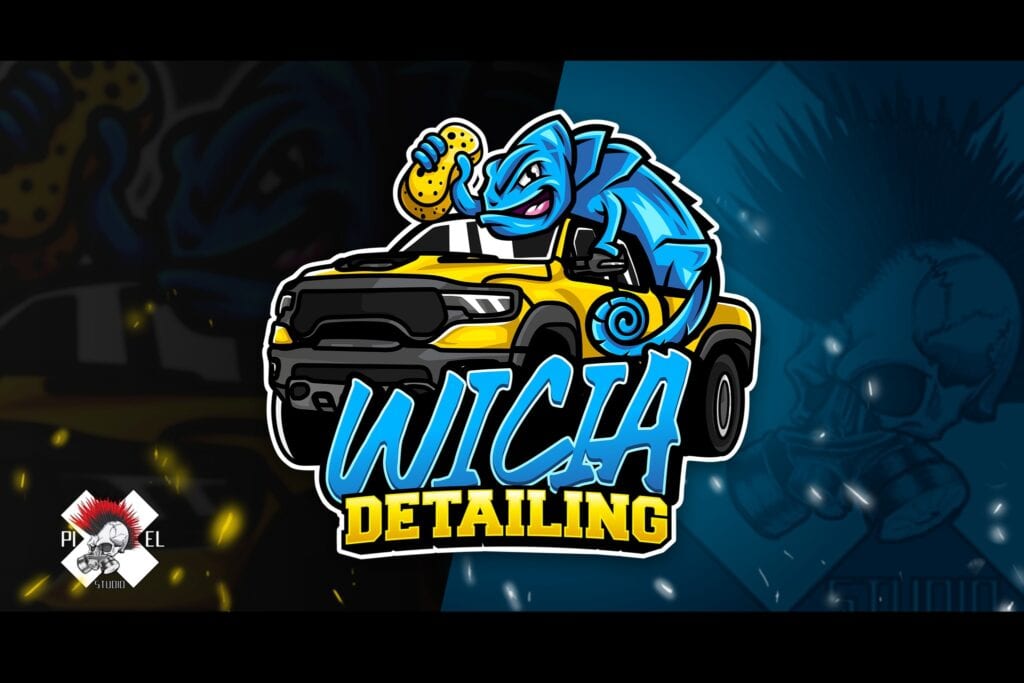 mascot logo wicia detailing zolty pickup na nik niebieski kameleon trzymajacy w rece zolta gombke pixel studio graficzne chrzanow reklama x