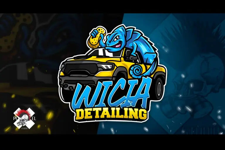 mascot logo wicia detailing zolty pickup na nik niebieski kameleon trzymajacy w rece zolta gombke pixel studio graficzne chrzanow reklama x