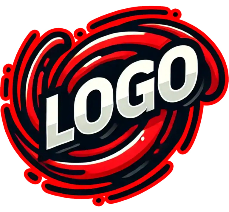Pogrubiony biały tekst z napisem "LOGO" jest wyśrodkowany na wirującym czerwono-czarnym abstrakcyjnym tle, z dynamicznymi zakrzywionymi liniami i żywym czerwonym tłem, tworząc nowoczesny, przyciągający wzrok wygląd idealny dla stron i sklepów www lub innych materiałów reklamowych.