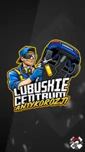 mascot logo brand hero projekt lubuskie centrum antykorozji samochod mechanik niebieskie pixel studio graficzne chrzanow reklama x