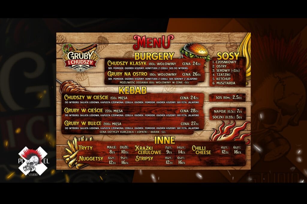 menu a projekt gruby i chudszy kebab fastfood frytki burger jedzenie pixel studio graficzne chrzanow reklama x