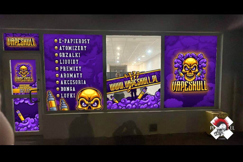 okleina lokalu szyb witryna naklejka projekt vapeskull vape epapierosy dym zlota czaszka szkielet pixel studio graficzne chrzanow reklama x
