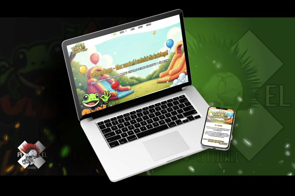 strona internetowa projekt jumping frogs dmuchance zaby animacje maskotki pixel studio graficzne chrzanow reklama x
