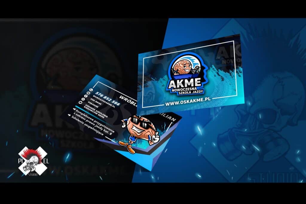 wizytowka projekt akme osk nowoczesna szkola jazdy mozg maskotka mascot logo pixel studio graficzne chrzanow reklama x