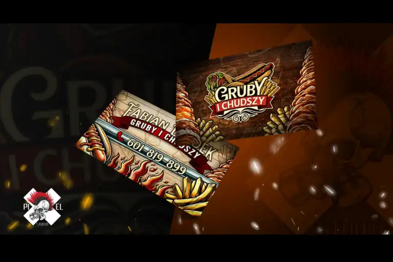Trzy ilustrowane karty "Gruby i Chudszy" mają obramowanie z ognistej papryczki chili i odważny branding. Widoczny jest numer telefonu ( ), logo szefa kuchni i skrzyżowane noże. Brązowo pomarańczowe odcienie i słaby zarys czaszki uzupełniają projekt.