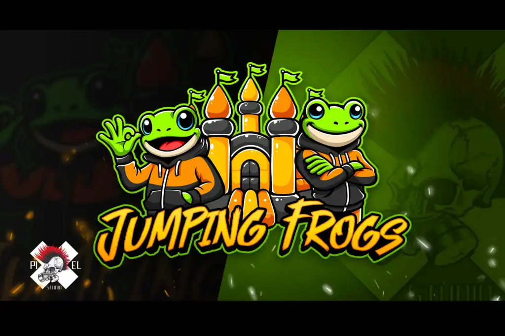 Dwie kreskówkowe żaby w bluzach stoją obok żółtego dmuchanego zamku z flagami. Jedna z nich macha, a druga krzyżuje ramiona. "Jumping Frogs" jest napisane poniżej żółtym tekstem logo w stylu graffiti idealne do zabawnego brandingu. Zielone i czarne podzielone tło z subtelnymi wzorami.