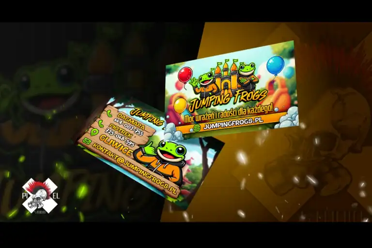 Kolorowy obraz promocyjny dla "Jumping Frogs" z dwiema maskotkami żab, balonami, dekoracjami imprezowymi i danymi kontaktowymi. Tło podkreśla pomarańczowe chmury i konfetti, z markową wizytówką i banerem po lewej stronie.