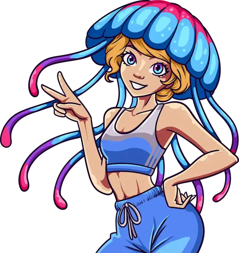 Wesoła kreskówkowa dziewczyna o jasnych oczach i falujących blond włosach nosi kapryśny kapelusz z meduzą. Stylizowana dla Pixel Studio, ma niebieski crop top, joggery i miga znakiem pokoju, gdy kolorowe macki zakrzywiają się za nią.