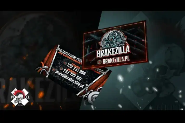 Wyświetlane są dwie wizytówki "Brakezilla.pl", przedstawiające zaciekłego, zielonego stwora Brakezilla. Tło stanowią tarcze hamulcowe, koła zębate i rury. Informacje kontaktowe i strona internetowa są wyświetlane pogrubionym biało-pomarańczowym tekstem, z logo czaszki w lewym dolnym rogu.