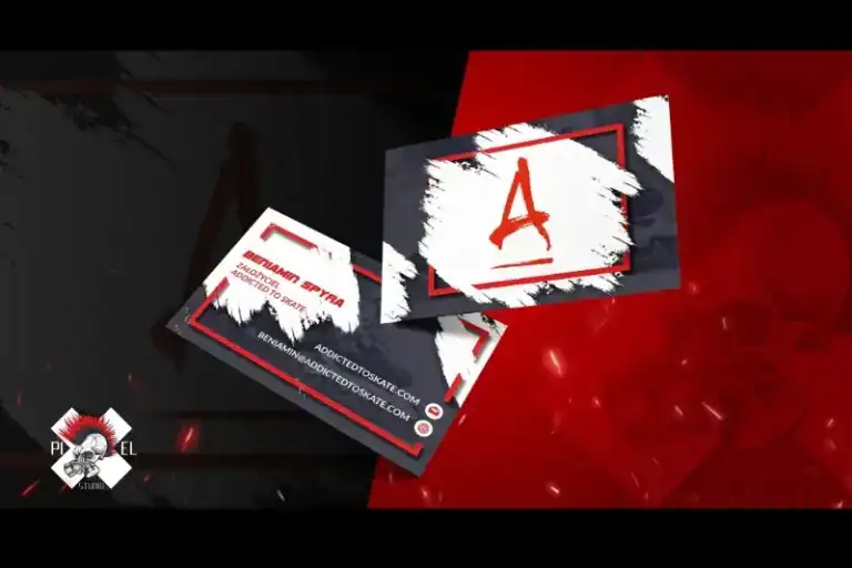 Dwie czarno-białe wizytówki z czerwonymi akcentami unoszą się na czerwono-czarnym abstrakcyjnym tle. Na jednej z nich widnieje duża czerwona litera "A". Druga pokazuje dane kontaktowe "Rahmat Setia" z "Addicted to Skate", z ikonami e-mail i mediów społecznościowych.