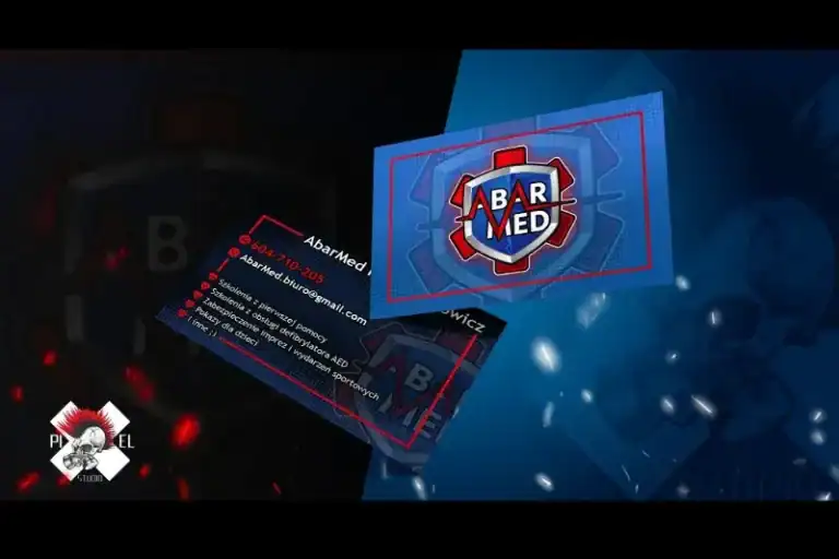 Cyfrowa grafika przedstawia logo ABARMED na tarczy z czerwonymi i niebieskimi odcieniami, unoszące się nad wizytówkami wyświetlającymi nazwę, dane kontaktowe i adres e-mail ABARMED. Tło jest ciemne ze słabym obrazem czaszki i świecącymi niebieskimi i czerwonymi efektami świetlnymi.