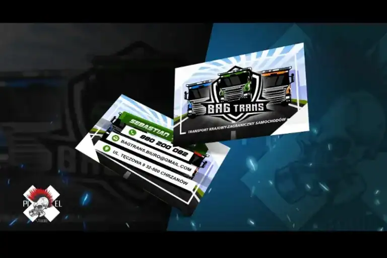 Dwie wizytówki dla "BAG TRANS" ze stylizowaną grafiką ciężarówki. Jedna z wizytówek zawiera dane kontaktowe Sebastiana, w tym numer telefonu, adres e-mail i adres w Chrzanowie. Wizytówki mają czarną, zieloną i białą kolorystykę z niebieskim tłem.