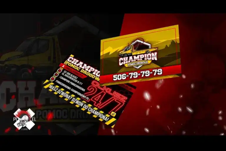 Przedstawiono dwie wizytówki firmy "Champion Pomoc Drogowa". Jedna z wizytówek zawiera ilustrację lawety i numer telefonu 506-79-79-79. Czarno-czerwona kolorystyka podkreśla całodobową obsługę. Portret w skali szarości znajduje się w lewym dolnym rogu.