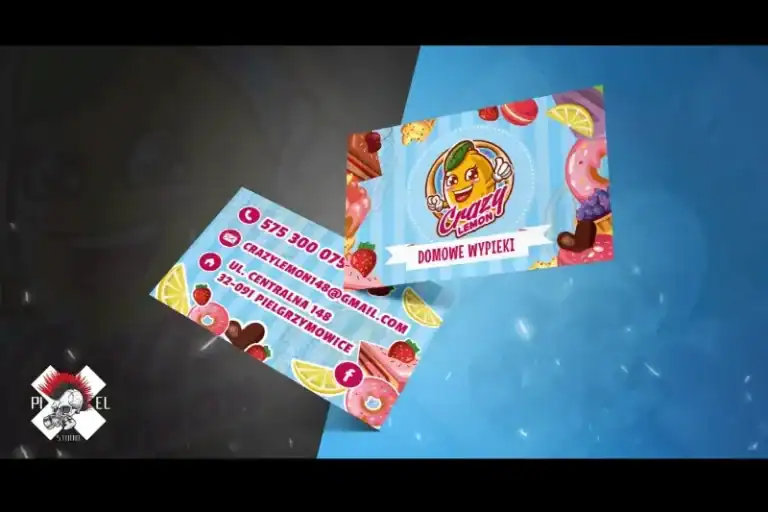 Dwie kolorowe wizytówki "Cynali Kingdom Domowe Wypieki", firmy zajmującej się domowymi wypiekami, przedstawiające rysunkowe pączki i owoce. Jedna wizytówka wyświetla dane kontaktowe, druga przedstawia uśmiechniętą postać pączka na niebieskim tle ze smakołykami.