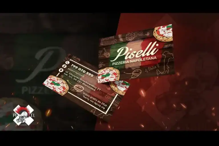 Dwie wizytówki dla "Piselli Pizzeria Napoletana" z drewnianym tłem. Każda wizytówka zawiera grafikę pizzy, dane kontaktowe, adres i logo w kolorze zielonym i białym tekstem. Logo pojawia się ponownie w rogu na ciemnym tle.