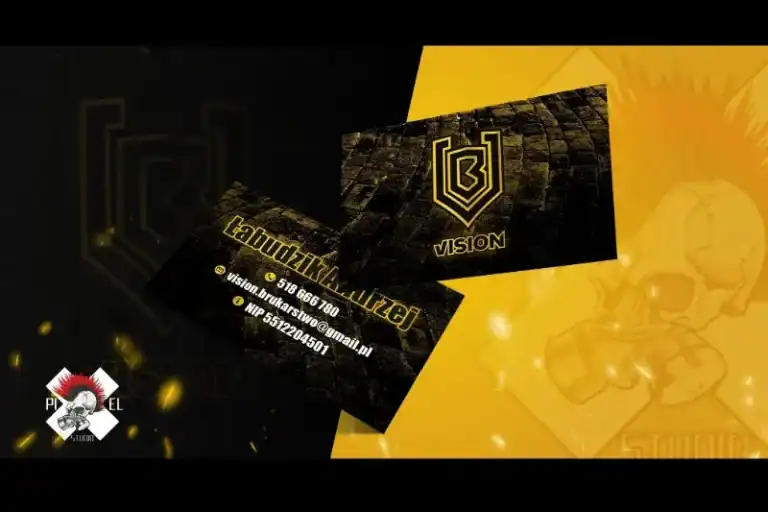 Dwie wizytówki z czarno-złotym ceglanym wzorem przedstawiają odważne logo "B Vision" i dane kontaktowe: 510 866 700, visionlabmxarel@gmail.pl i MP: 557245031. Tło jest podzielone na czarne i żółte z widocznym niewyraźnym logo i twarzą z kreskówki.