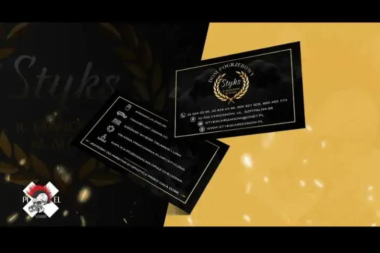 Dwie czarno-złote wizytówki dla zakładu pogrzebowego "Styk's Dom Pogrzebowy". Każda wizytówka zawiera logo z wieńcem laurowym, dane kontaktowe, ikony i biały tekst na czarnym tle ze złotymi akcentami. W lewym dolnym rogu widnieje biało-czerwone logo.