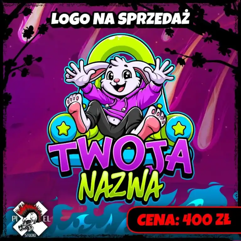 Kolorowe logo z kreskówki przedstawia wesołego białego królika w fioletowej kurtce, uśmiechającego się z podniesionymi rękami. Na zielono-niebieskim tle widnieje napis "TWOJA NAZWA" oraz logo promujące ochronę cyfrową. Cena: 400 zł z logo Pixel Studio w rogu.