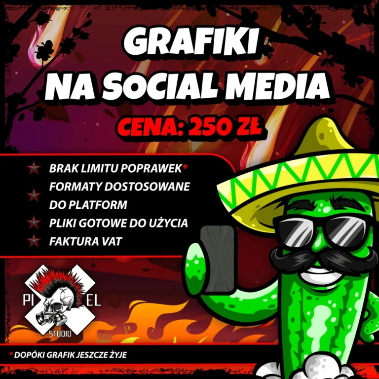 Kreskówkowy kaktus w dużym żółtym sombrero, czarnych okularach przeciwsłonecznych i czarnych wąsach trzyma telefon. Pogrubiony biały tekst głosi "Grafiki na social media" i "Cena: 250 zł" w kolorze czerwonym. Funkcje są wymienione, a logo znajduje się w lewym dolnym rogu. Tło jest ogniste i świąteczne.