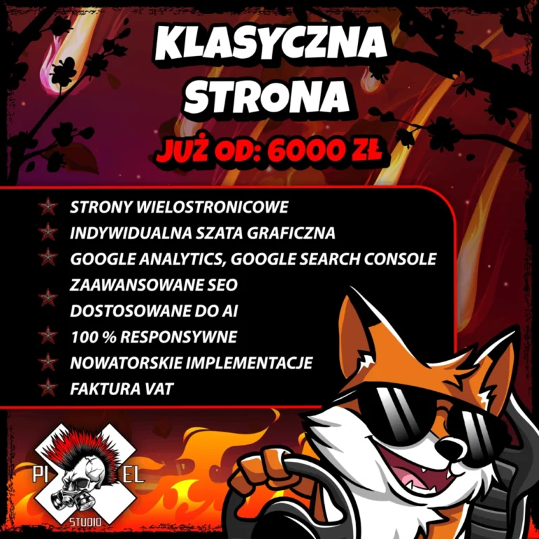 Kreskówkowy lis w okularach przeciwsłonecznych pokazuje kciuk w górę na ognistym czerwono-czarnym tle. Biały pogrubiony tekst głosi "Klasyczna strona już od: 6000 zł", z listą kontrolną podkreślającą cechy projektowania stron internetowych. Logo studia z kontrolerem gier znajduje się w lewym dolnym rogu.