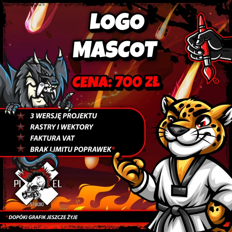 Kolorowa grafika reklamująca projekt logo maskotki za 700 zł. Przedstawia zaciekłego czarnego wilka i uśmiechniętego jaguara w stroju do sztuk walki. Tekst szczegółowo opisuje ofertę: trzy wersje, rastry i wektory, faktura VAT, nielimitowane poprawki i zabawne notatki ze studia.