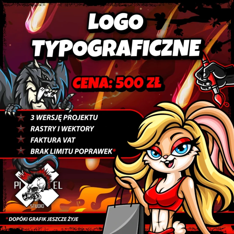Kolorowa reklama w kreskówkowym stylu przedstawia blond antropomorficznego króliczka w czerwonej sukience, warczącego wilka, płomienie i dłoń trzymającą czerwony długopis. Pogrubiony polski tekst oferuje usługi projektowania logo za 500 zł, a szczegóły i logo Pixel Studio znajdują się poniżej.
