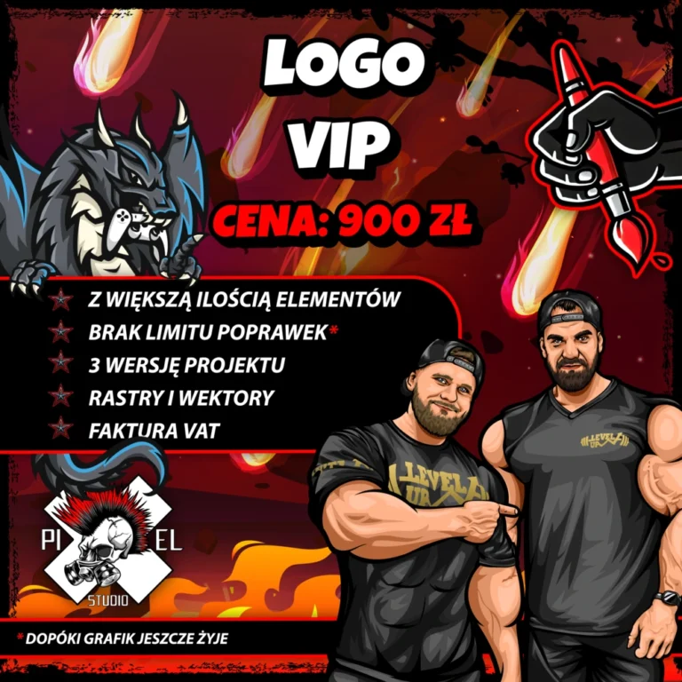 Odważna reklama graficzna "Logo VIP" w cenie 900 zł zawiera dwóch muskularnych mężczyzn z kreskówek pozujących, wściekłego wilka, maszynkę do tatuażu, spadające meteory i tekst z listą nieograniczonych edycji, trzy wersje projektu, pliki rastrowe / wektorowe i fakturę VAT na czerwono-czarnym tle.