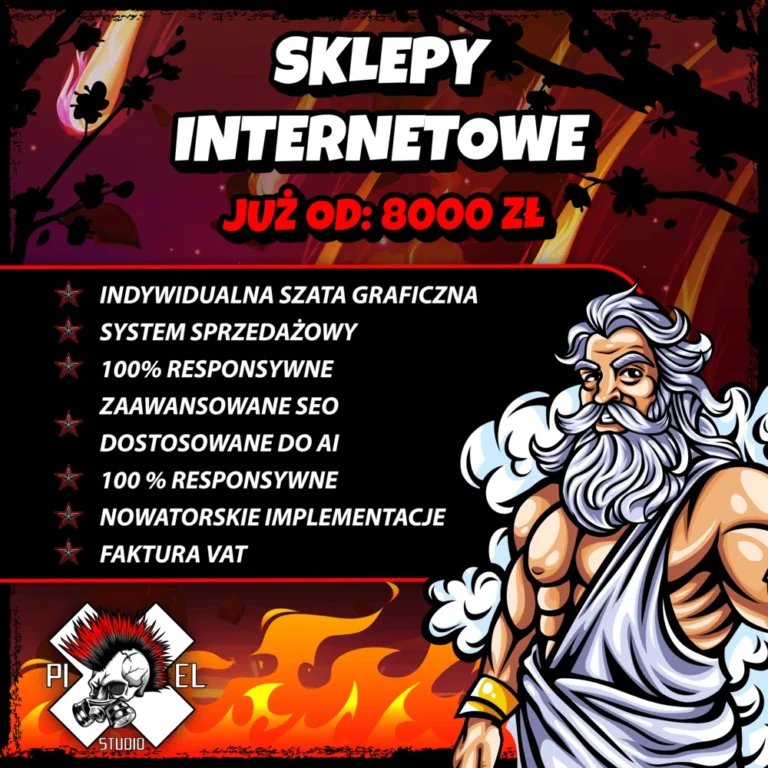 Stylizowana grafika przedstawia muskularną, brodatą postać przypominającą Zeusa skierowaną w górę po prawej stronie. Po lewej stronie pogrubiony tekst promuje usługi sklepu internetowego na czerwono-czarnym ognistym tle. Logo z napisem "Pixel Studio" i skrzyżowanymi pędzlami pojawia się w lewym dolnym rogu.