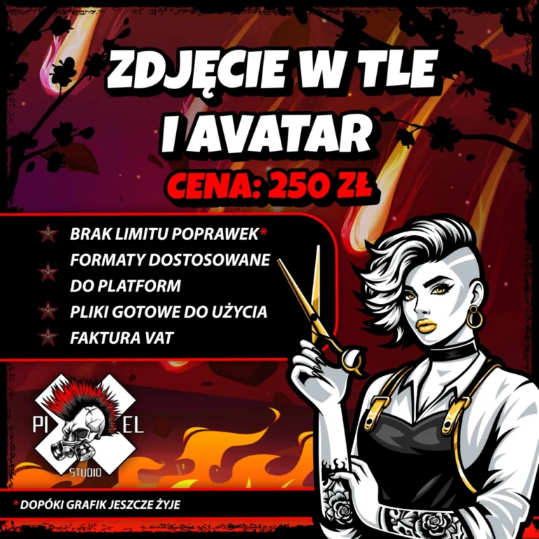 Czarno-biała wytatuowana kobieta z ogolonymi na bok włosami, nożyczkami i grzebieniem stoi przed pogrubionym polskim tekstem reklamującym ofertę 250 zł na grafikę tła i awatara. Tło przedstawia płomienie, czerwone i żółte smugi oraz gwiazdy, a w lewym dolnym rogu znajduje się logo Pixel Studio.