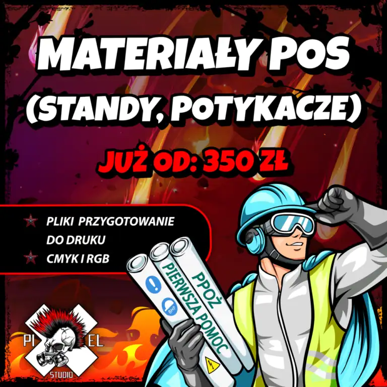 Kolorowa reklama w komiksowym stylu przedstawia superbohatera w stroju budowlanym trzymającego plakaty z napisami "PPOŻ", "PIERWSZA POMOC" i "BHP". Pogrubiony tekst w języku polskim reklamuje standy reklamowe i materiały POS od 350 zł. Ogień i piksele rozświetlają logo Pixel Studio w lewym dolnym rogu.