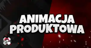 Biały, pogrubiony napis w stylu 3D &quot;ANIMACJA PRODUKTOWA&quot; jest wyśrodkowany na ciemnym tle podzielonym na czerń i czerwień. Słaba, stylizowana grafika wskazuje na animację reklamową. W lewym dolnym rogu znajduje się małe logo z postacią i tekstem.