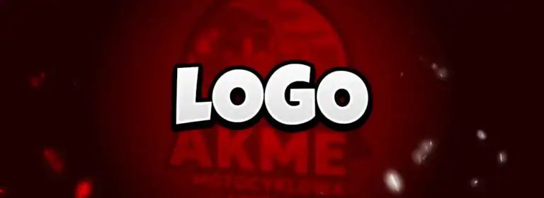Pogrubiony biały napis &quot;LOGO&quot; jest wyśrodkowany na ciemnoczerwonym tle, z subtelnymi rozbłyskami światła i rozmytym tekstem pod nim, który brzmi &quot;AKME MOTOCYKLOWA&quot;, z niewyraźnym okrągłym emblematem lub logo za głównymi literami.