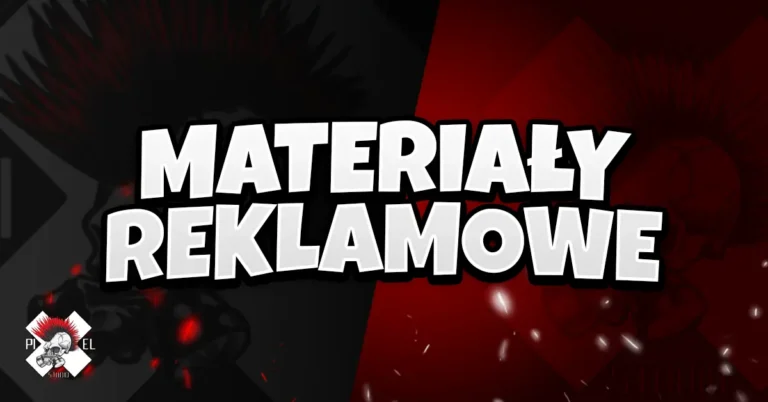 Pogrubiony biały tekst w języku polskim "MATERIAŁY REKLAMOWE" jest wyśrodkowany na ciemnym, podzielonym czarno-czerwonym tle z niewyraźnymi szkicami, świecącymi plamkami i małym logo mohawked cartoon face w lewym dolnym rogu.