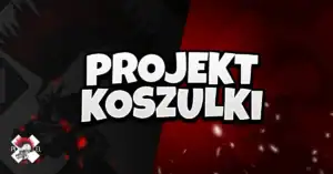 Obraz zawiera pogrubiony, biały tekst w języku polskim &quot;PROJEKT KOSZULKI&quot; wyśrodkowany na podzielonym czerwono-czarnym tle z niewyraźną grafiką punkowej czaszki i rozproszonymi ognistymi cząsteczkami. W lewym dolnym rogu znajduje się małe logo z czaszką mohawk i napisem &quot;PUNK OWEL&quot;.