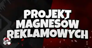 Duży, pogrubiony biały tekst w języku polskim brzmi &quot;PROJEKT MAGNESÓW REKLAMOWYCH&quot; na ciemnym, gradientowym tle z nutami czerwieni i czerni - idealny do reklamy na samochód magnes. Subtelna grafika i małe logo z twarzą i czerwonymi liniami znajdują się w lewym dolnym rogu.