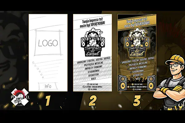 Trzyetapowy proces projektowania: 1) ręcznie narysowany szkielet ulotki z "LOGO" i polami informacyjnymi, 2) ukończona ulotka dla dj-a Dymka z kreskówką DJ-a, głośnikami i tekstem wydarzenia, 3) ulotka na telefonie plus kreskówka DJ-a stojąca po prawej stronie.