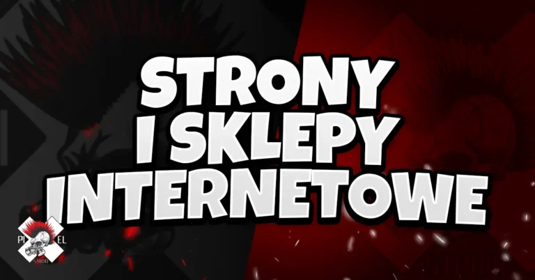 Pogrubiony biały tekst w języku polskim brzmi "STRONY I SKLEPY INTERNETOWE" na ciemnym tle podzielonym ukośnie na czerń i czerwień. Widoczna jest subtelna grafika i efekty świetlne. W lewym dolnym rogu znajduje się małe logo w skali szarości z tekstem.