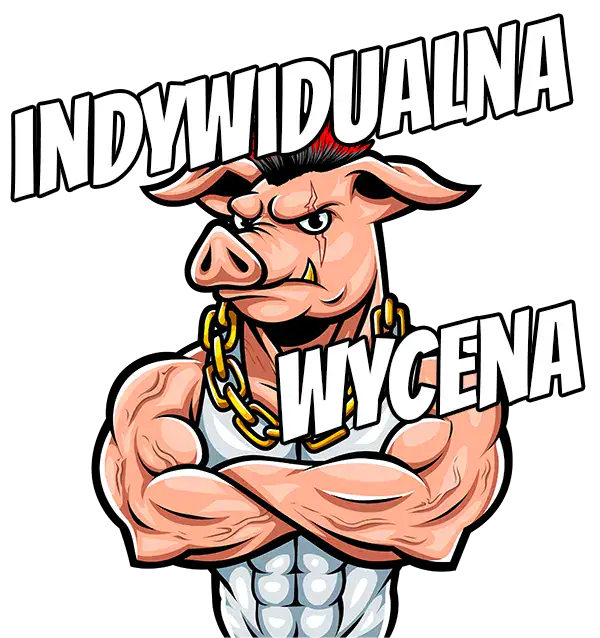Animowany rysunek umięśnionego świniaka w białej koszulce, z muskulaturą i złotym łańcuchem na szyi, z napisem &#039;Indywidualna wycena&#039;. Odnosi się do spersonalizowanych ofert na animacje i strony WWW na rok 2025.