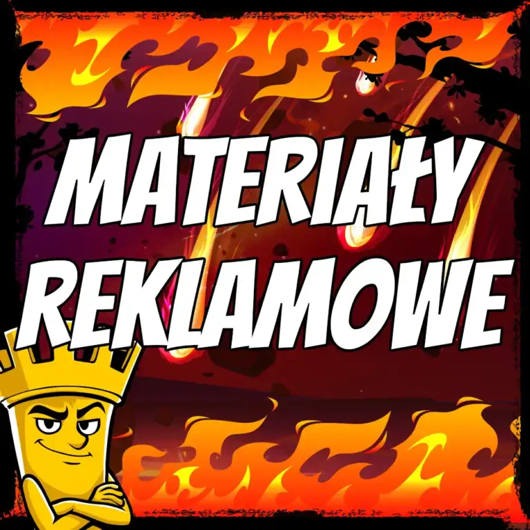 Materiały reklamowe z grafiką ognia i postacią w koronie, promującą materiały reklamowe, idealne do kampanii marketingowych, projektów promocyjnych i brandingowych.