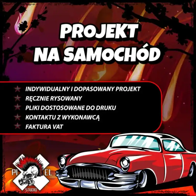 Projekty na samochód, indywidualne i dopasowane, ręcznie rysowane, pliki do druku, kontakt z wykonawcą, faktura VAT. Eksperckie usługi projektowania samochodów na zamówienie od Studio Pixel.