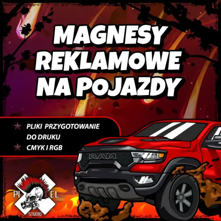 Magnesy reklamowe na samochody – spersonalizowane magnesy na pojazdy z nadrukiem, przygotowanie plików do druku, druk cyfrowy i RGB, wysokiej jakości magnesy na samochody z grafiką, idealne do promocji marki i reklamy na autach.