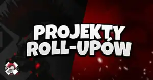 Pogrubiony biały napis &quot;PROJEKTY ROLL-UPÓW&quot; jest wyśrodkowany na ciemnym tle w odcieniach czerwieni i czerni. W rogach widoczna jest delikatna grafika, w tym logo z czaszką i napis &quot;PIXEL CREW&quot;. Wokół rozrzucone są czerwone świecące cząsteczki.