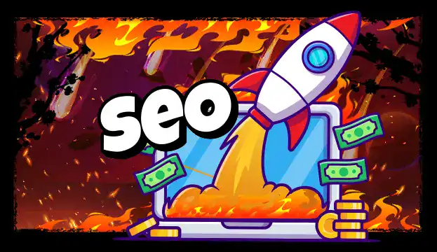 Ilustracja rakiety i laptopa z napisem SEO – dynamiczny wzrost widoczności i ruchu w Google dzięki pozycjonowaniu Pixel Studio.