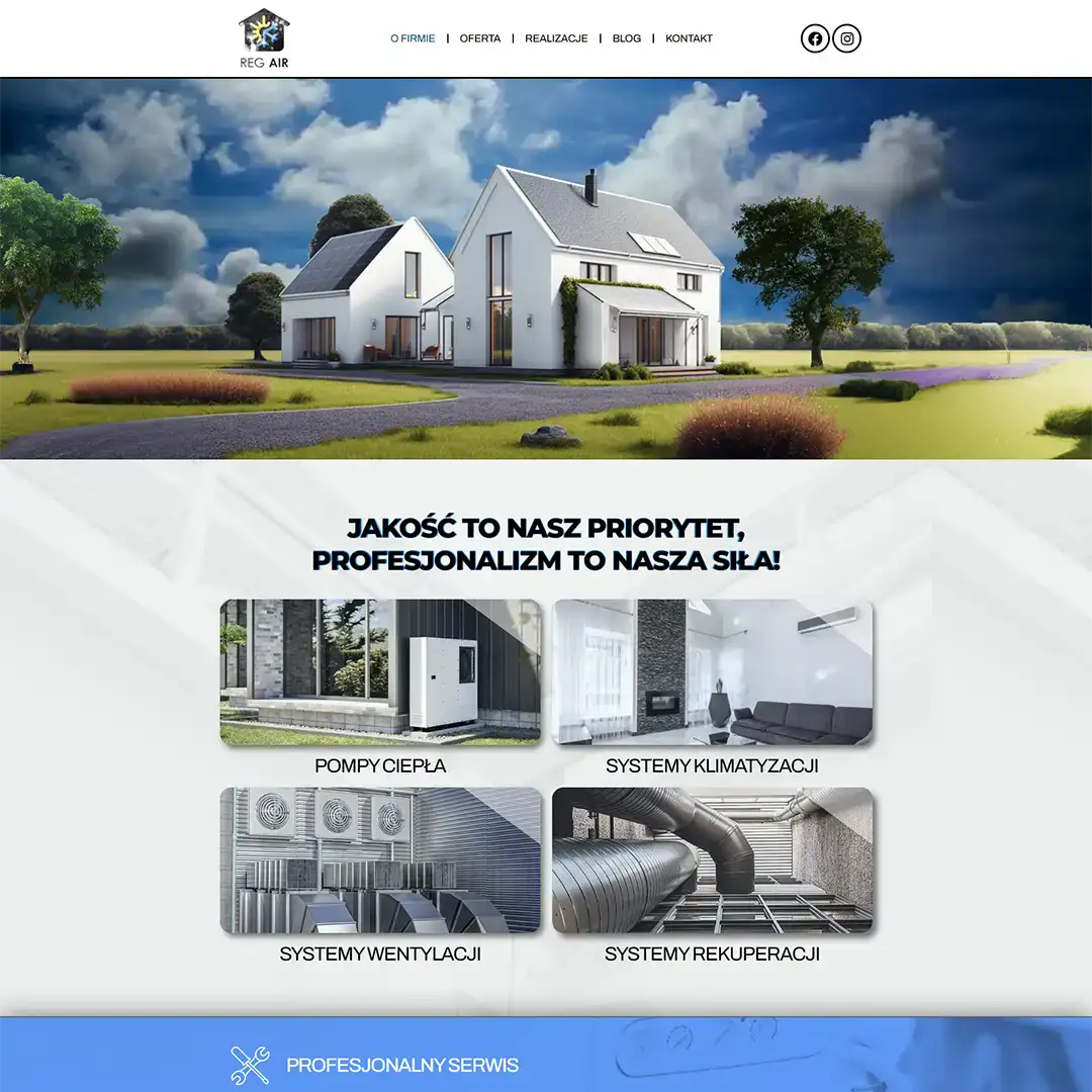 Strona internetowa firmy Reg Air prezentująca nowoczesny dom w otoczeniu zieleni, z segmentami oferty na pompy ciepła, systemy klimatyzacji, wentylacji i rekuperacji.